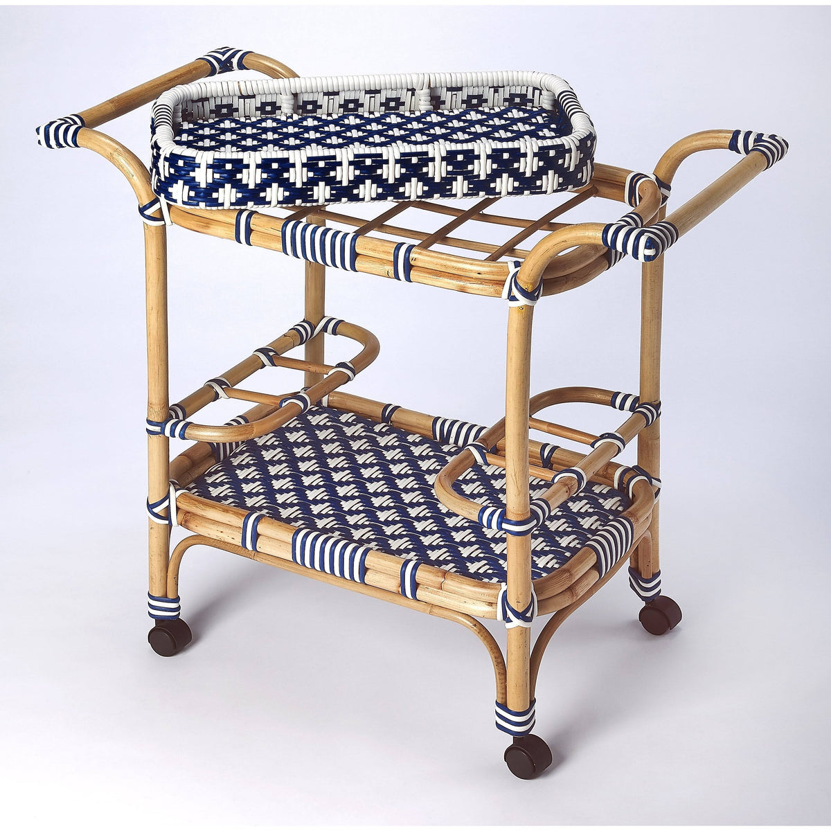 Blue & White Rattan Bar Cart U1262