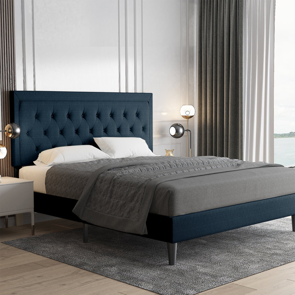 Queen Size Upholstered Platform Bed with Adjustable Headboard A77440