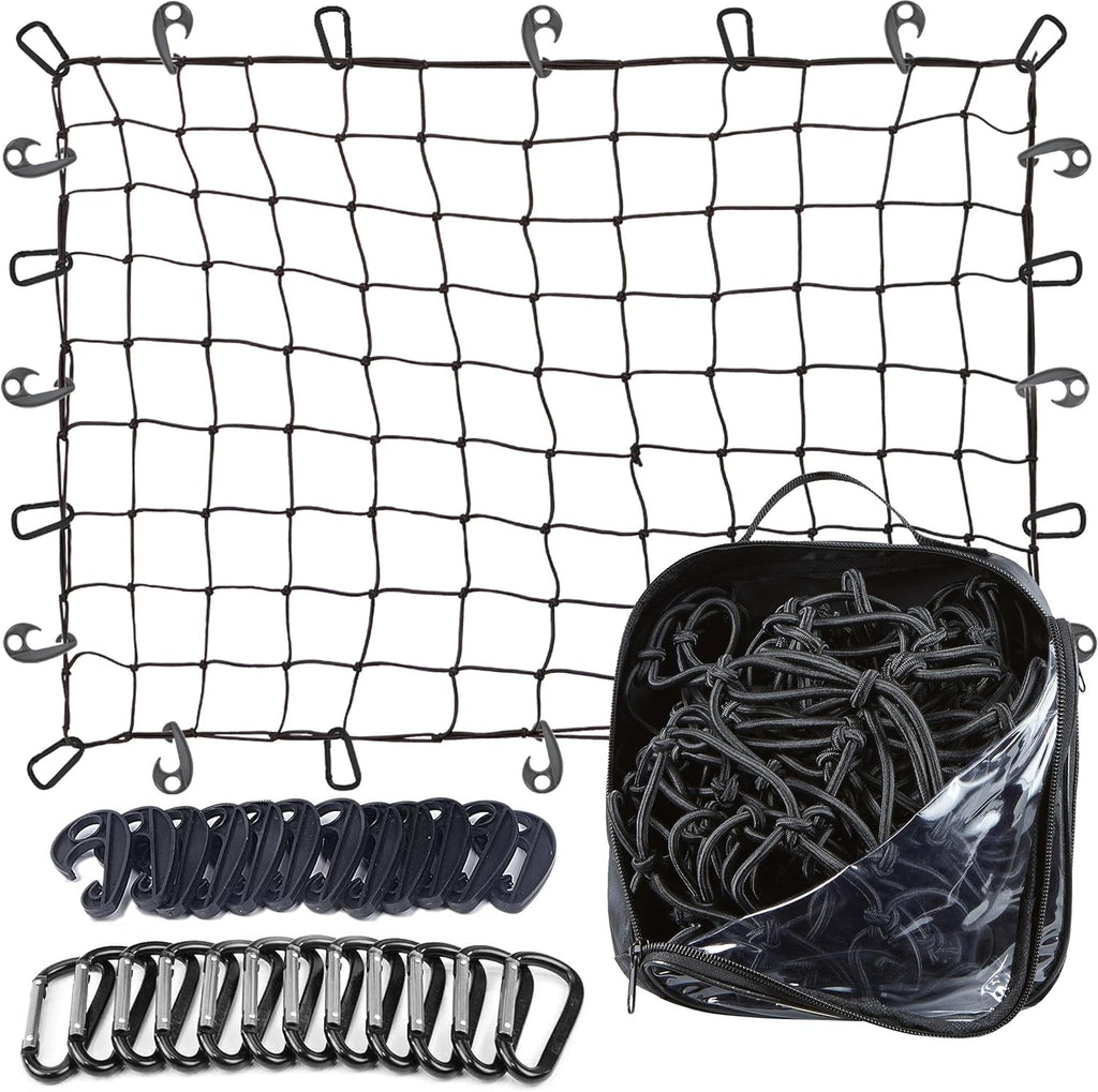 Cargo Net for Pickup Truck Bed - 4 x 6 Foot, Heavy-Duty, Mesh Bungee Netting with 12 Black Clips and Storage Bag S6627