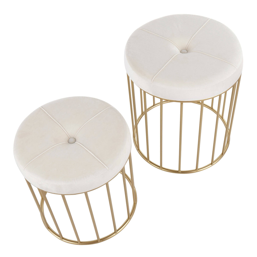 Gold Metal Pink Velvet Nesting Ottoman Set U7967