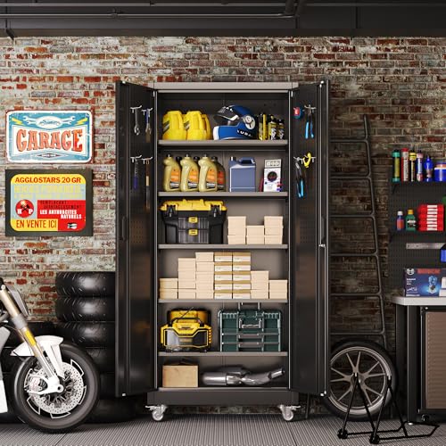 73''H White Metal Storage Cabinet with Wheels and Pegboards I7437