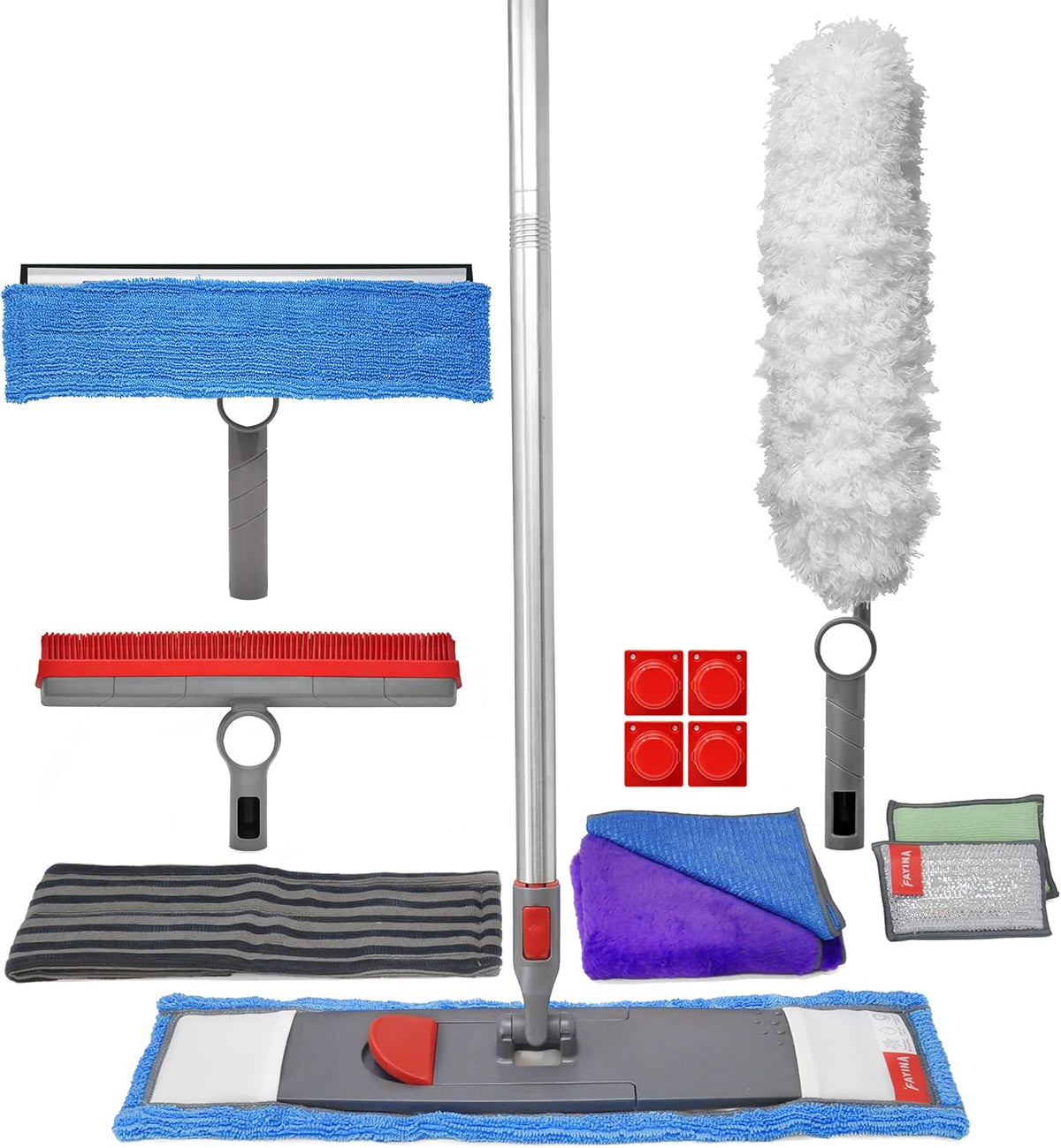 Wet Flat Floor Mop, Rubber Brush, Microfiber Duster, Window Cleaner with Squeegee, 2 Microfiber Cloths, 2 Dish Sponges, Pack of 2 O90126