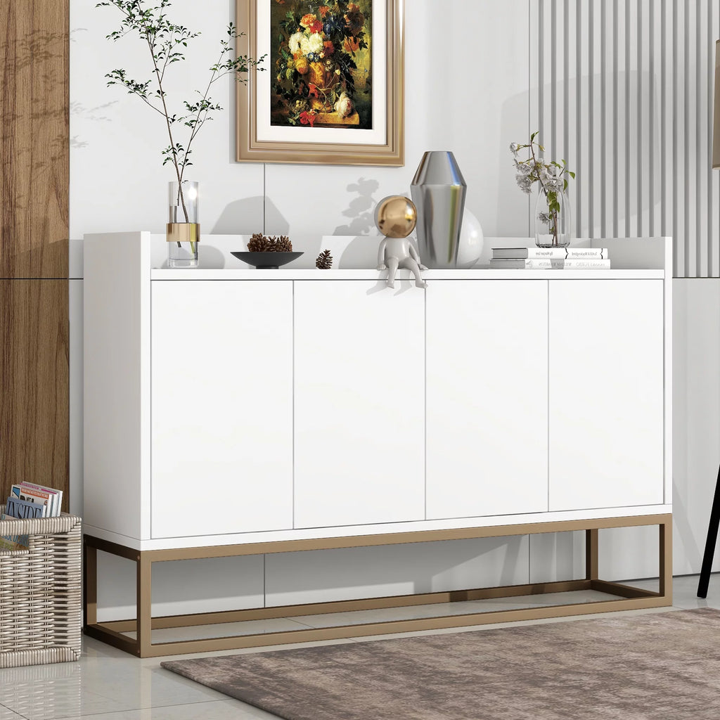 White Wooden Storage Cabinet with Metal Legs and Adjustable Shelves C345