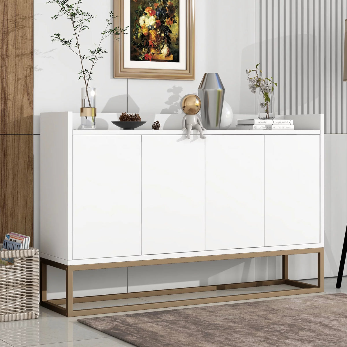 White Wooden Storage Cabinet with Metal Legs and Adjustable Shelves C345