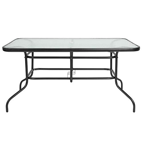 Rectangular Metal Patio Table & Chairs Set with Tempered Glass Top and 4 Black Aluminum Stacking Chairs F18209