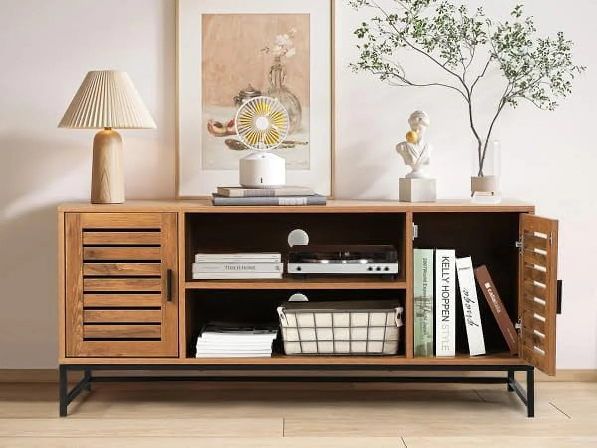 Mid-Century TV Console up to 55 Inch with Slatted Wood Doors N633693