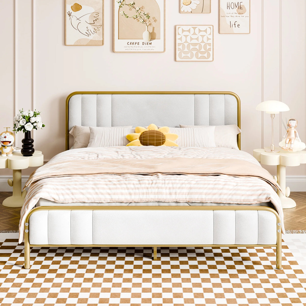 Gold Queen Size Velvet Fabric Headboard Metal Platform Bed D968937