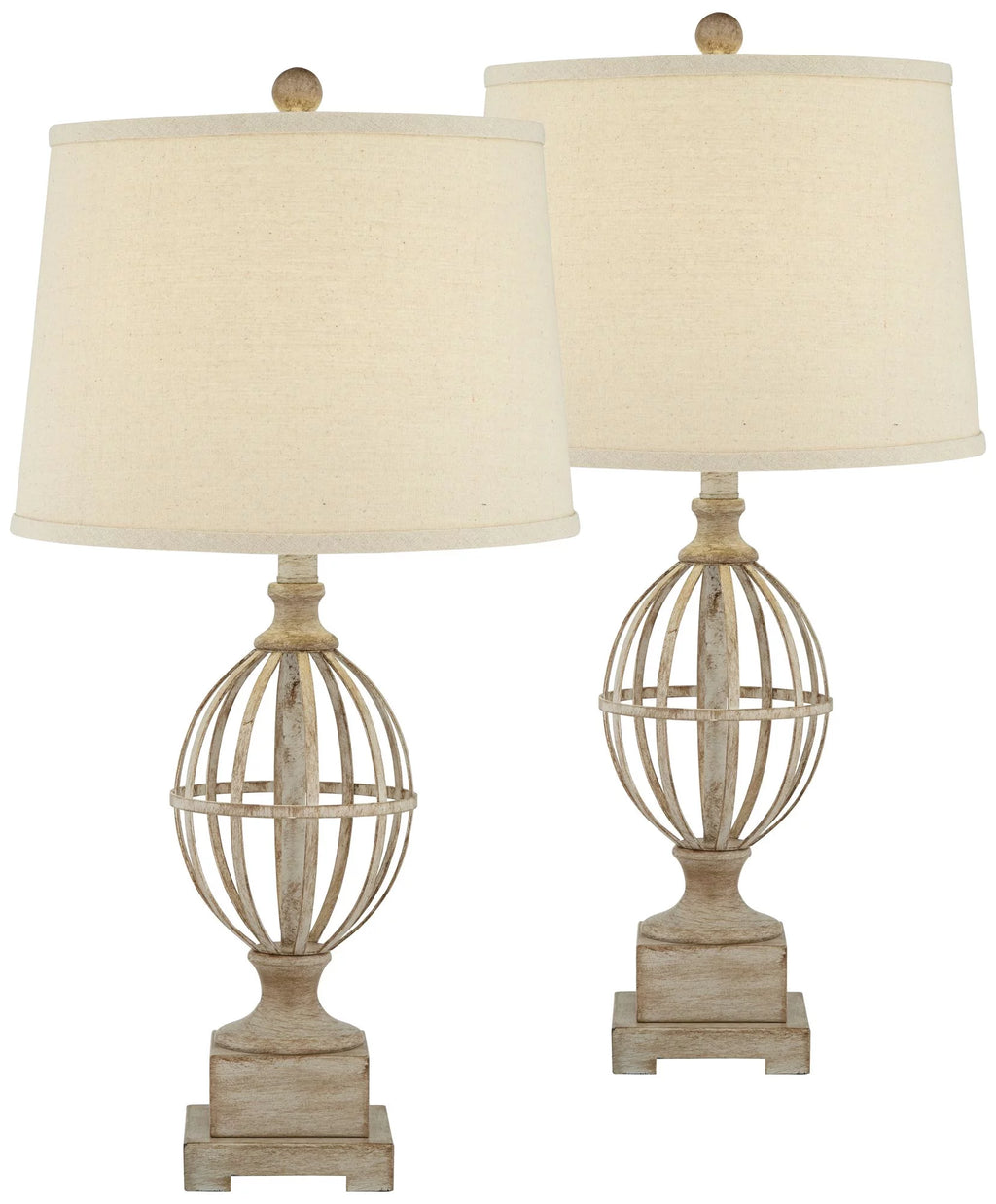 Country Cottage Table Lamps Set of 2 Light Oak Orb Cage Oatmeal Drum Shade N677