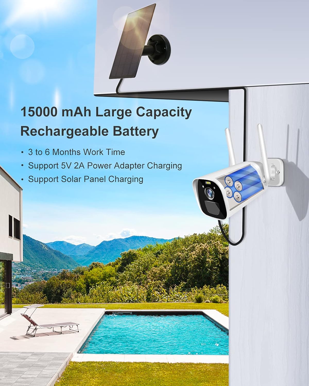 3MP Solar Powered Outdoor Security Camera with Rechargeable Battery A98474