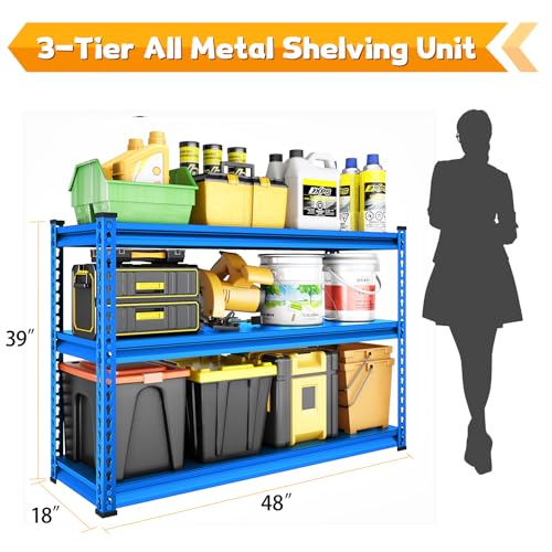 48" W Blue 3-Tier Metal Garage Shelving Q534