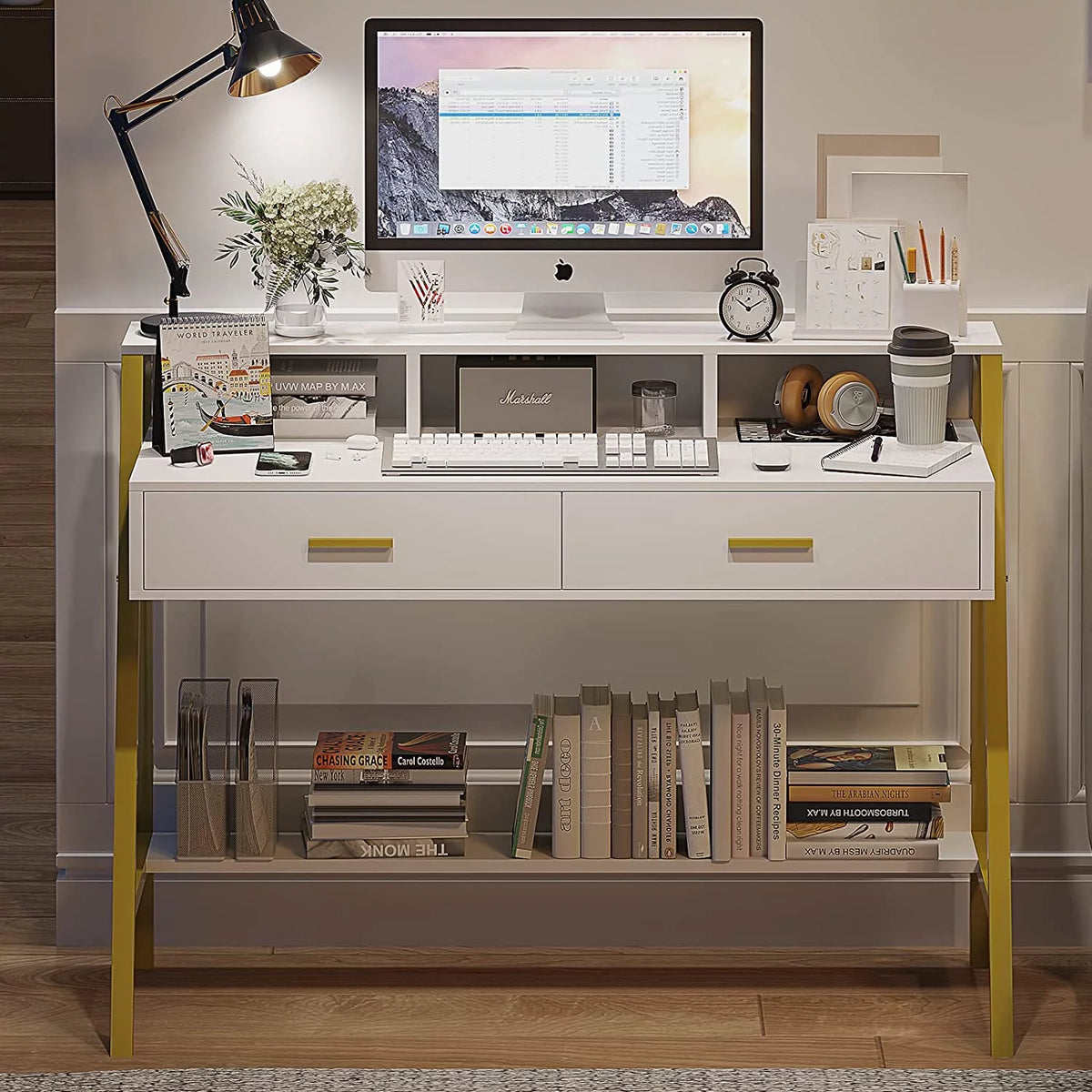 White and Gold Computer Desk with Drawers R232794