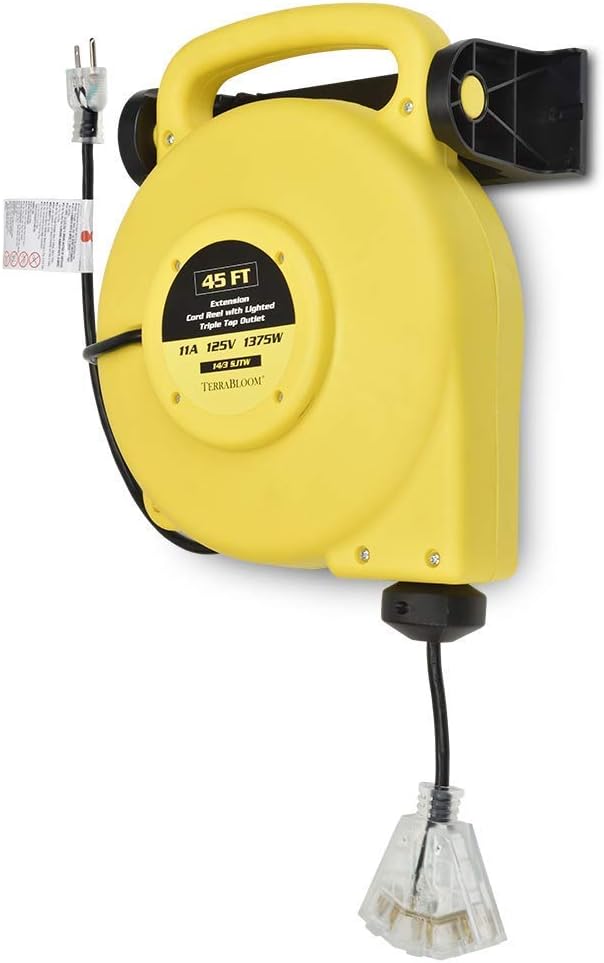 45 Ft Retractable Extension Cord Reel with 3 Electrical Outlets Heavy Duty Yellow Case Black Cable V420