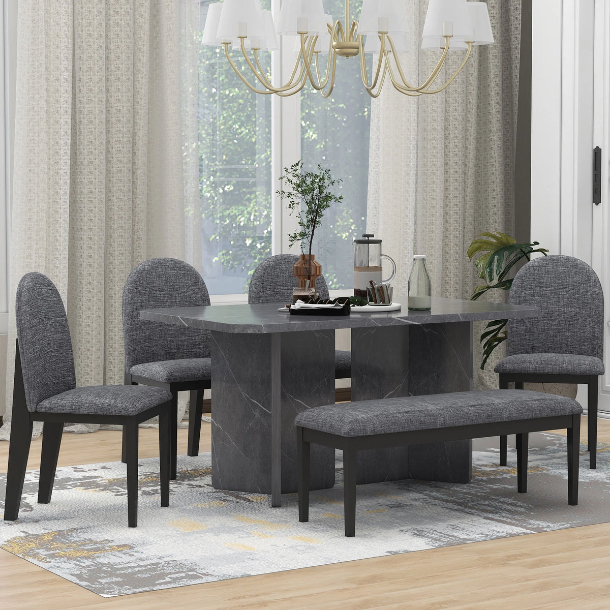 6-Piece Faux Marble Dining Set with 4 Chairs and 1 Bench W983