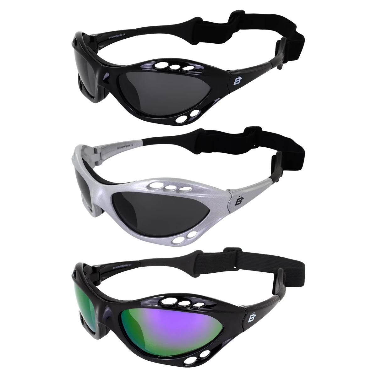 3 Pairs Padded Polarized Sunglasses with Strap, Silver & Black Frames with Smoke Lens & Black Frame with Purple Mirror Lens N847005