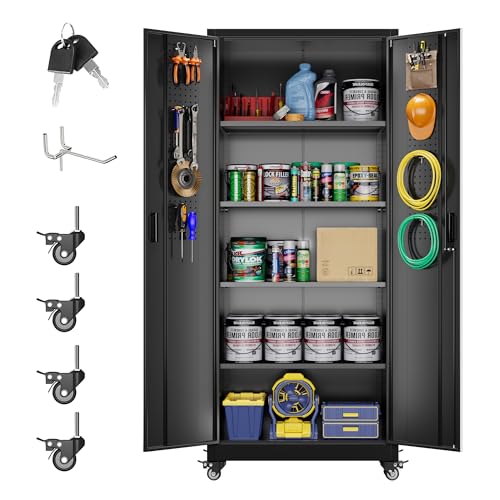 73''H White Metal Storage Cabinet with Wheels and Pegboards I7437