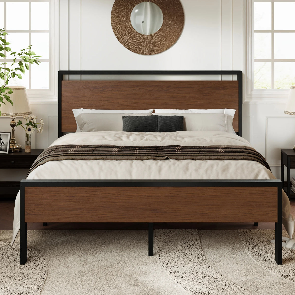 Queen Size Metal Platform Bed Frame with Wood Headboard G1779