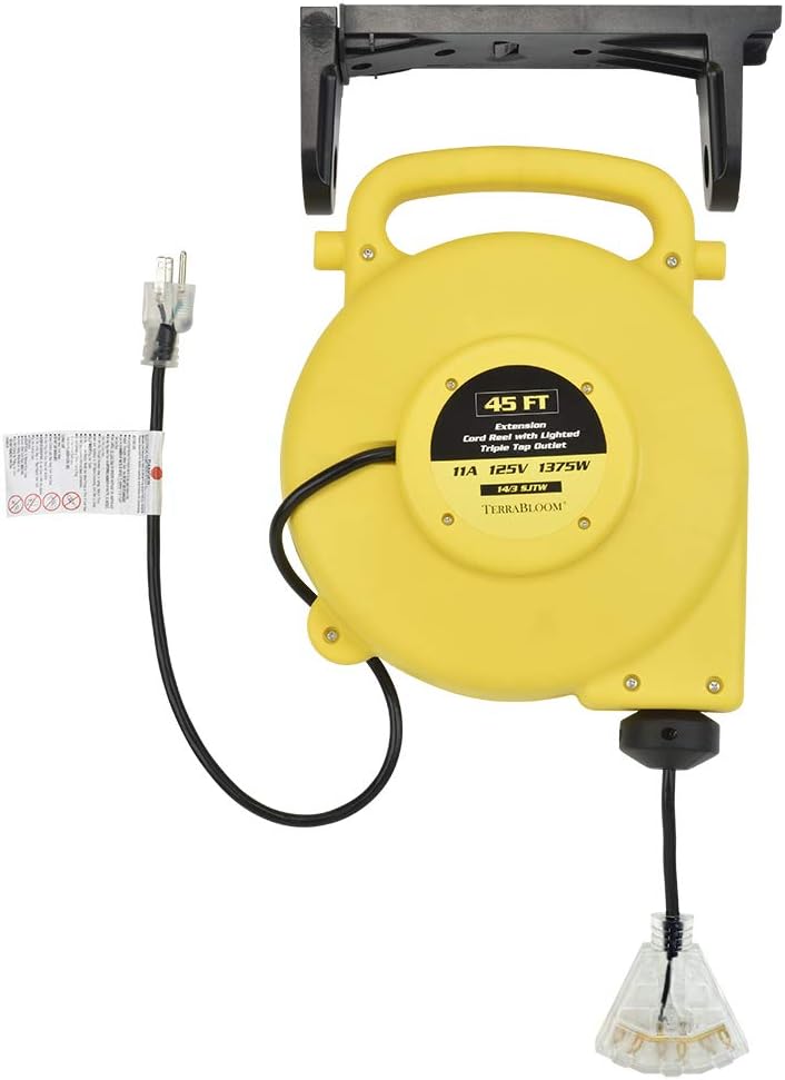 45 Ft Retractable Extension Cord Reel with 3 Electrical Outlets Heavy Duty Yellow Case Black Cable V420