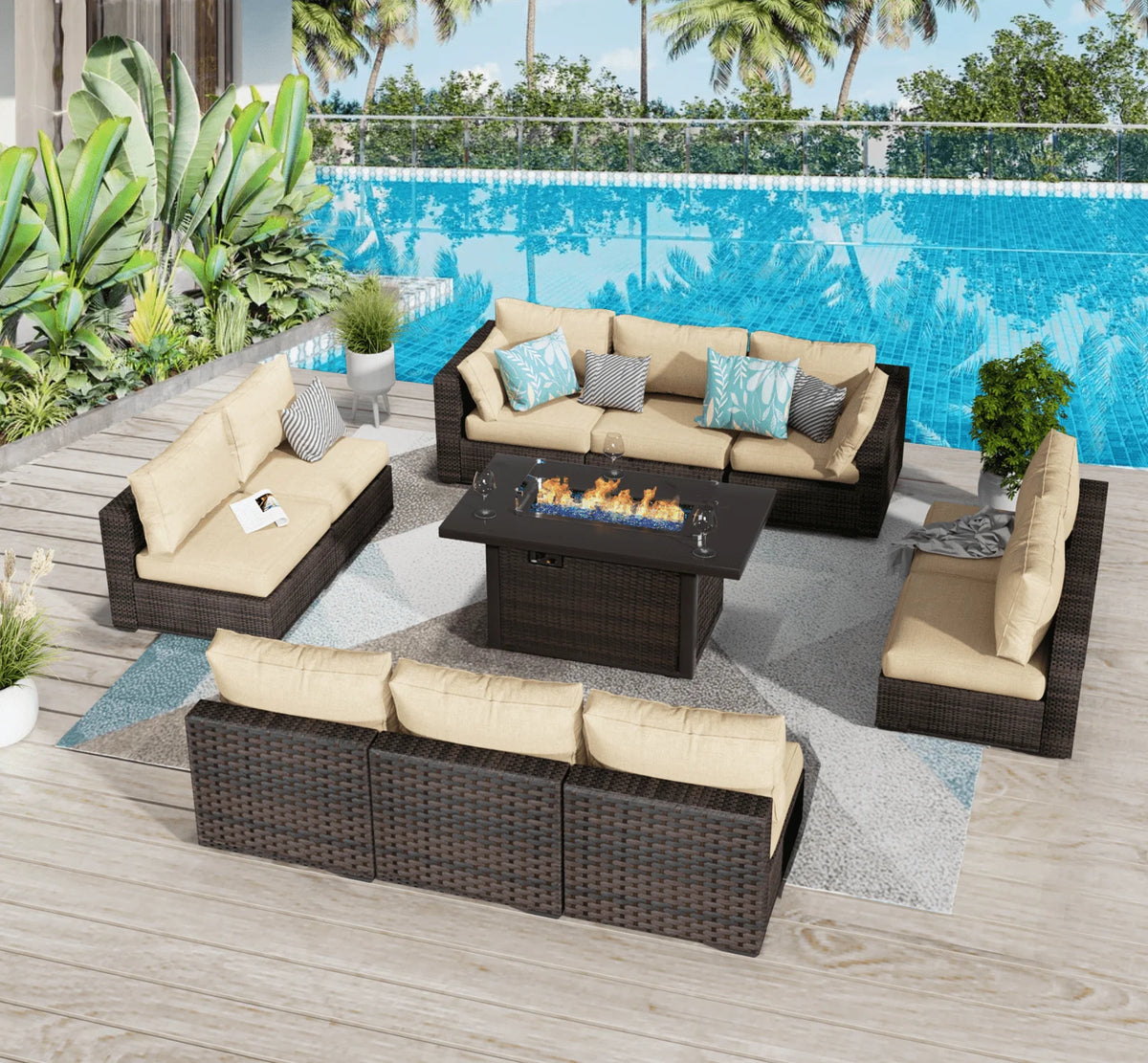 11 PCS Black Wicker Patio Furniture Set with Fire Pit Table J21040