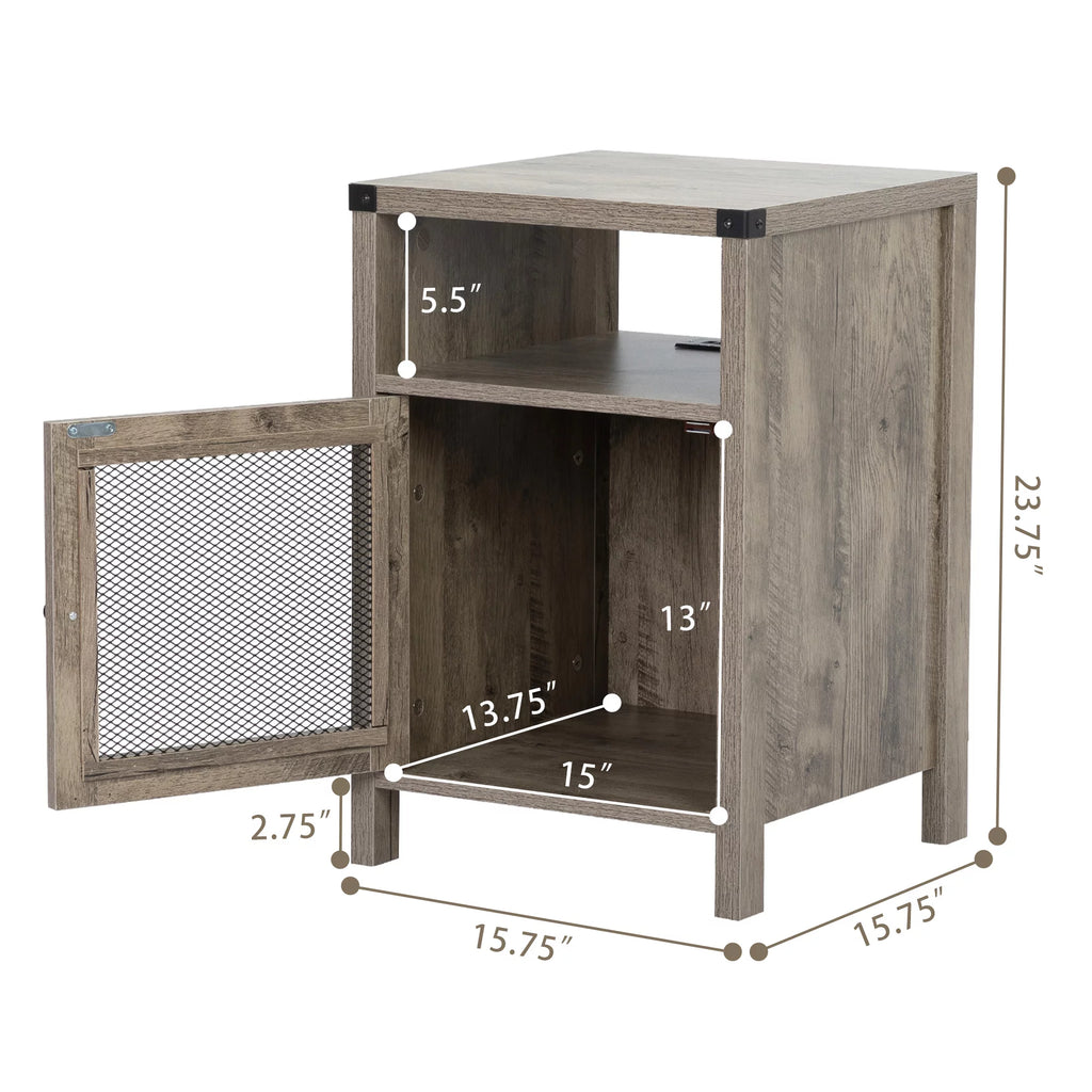 Farmhouse Nightstand with Power Outlets, USB Ports, Cabinet, Storage Shelf P813282