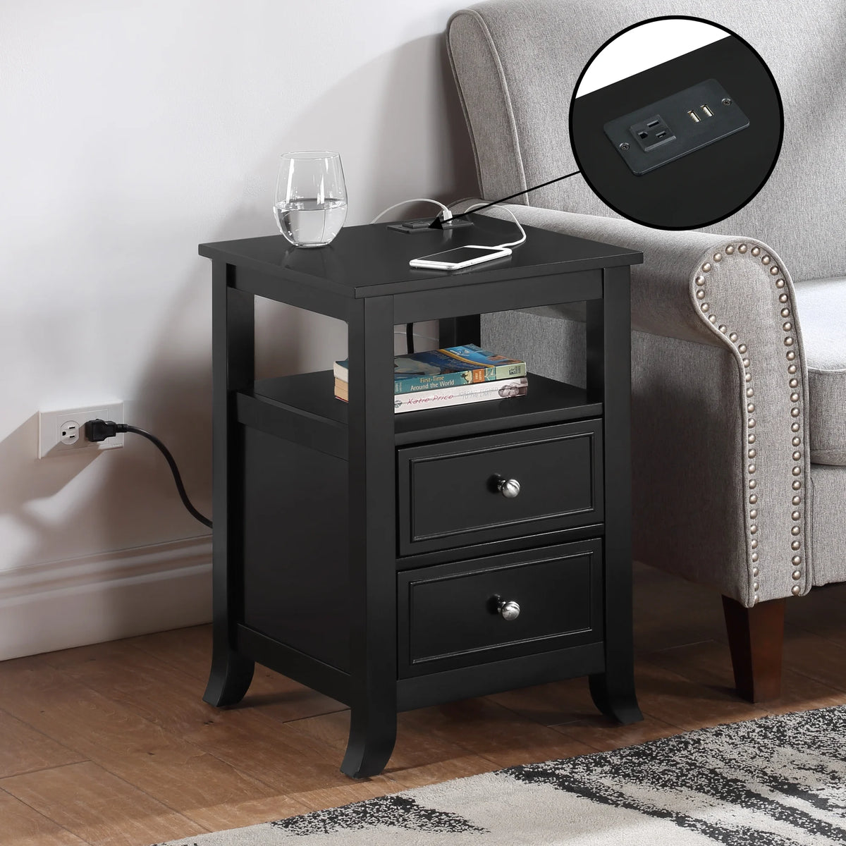 Black Two-Drawer End Table with Charging Station and Shelf M70795