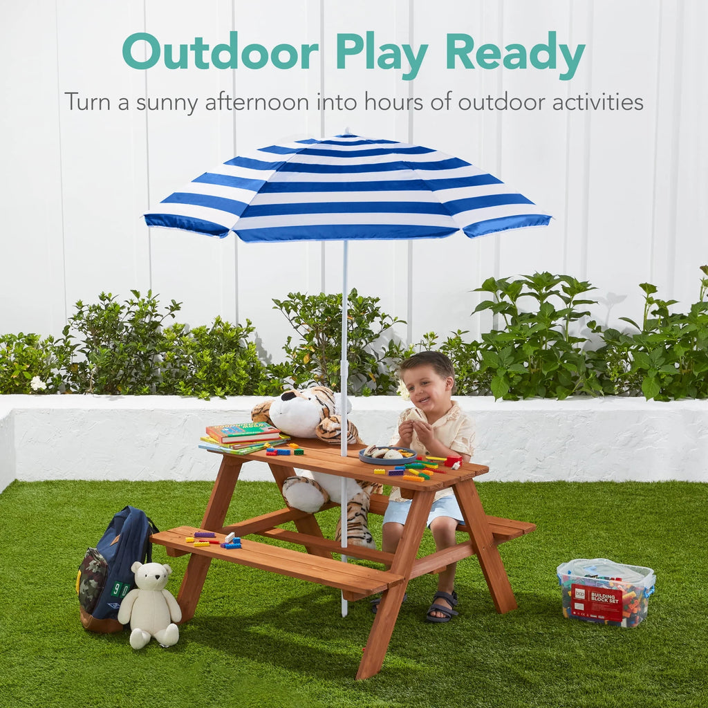 Kids Wooden Picnic Table with Adjustable Umbrella and Built-In Seats E4429