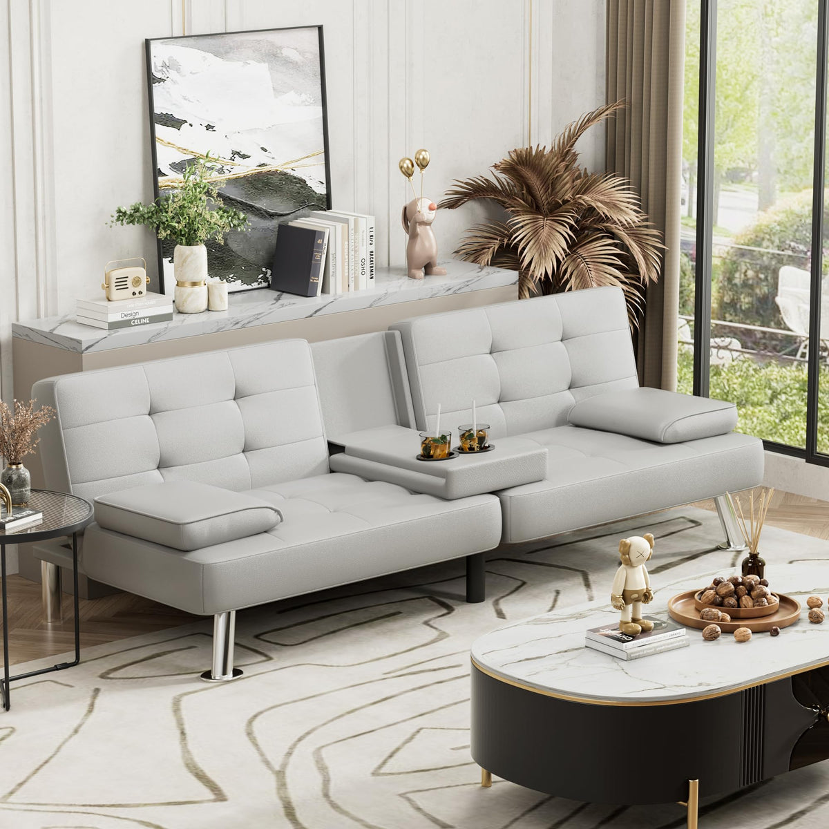 White Faux Leather Sofa Bed with Cup Holders C103626