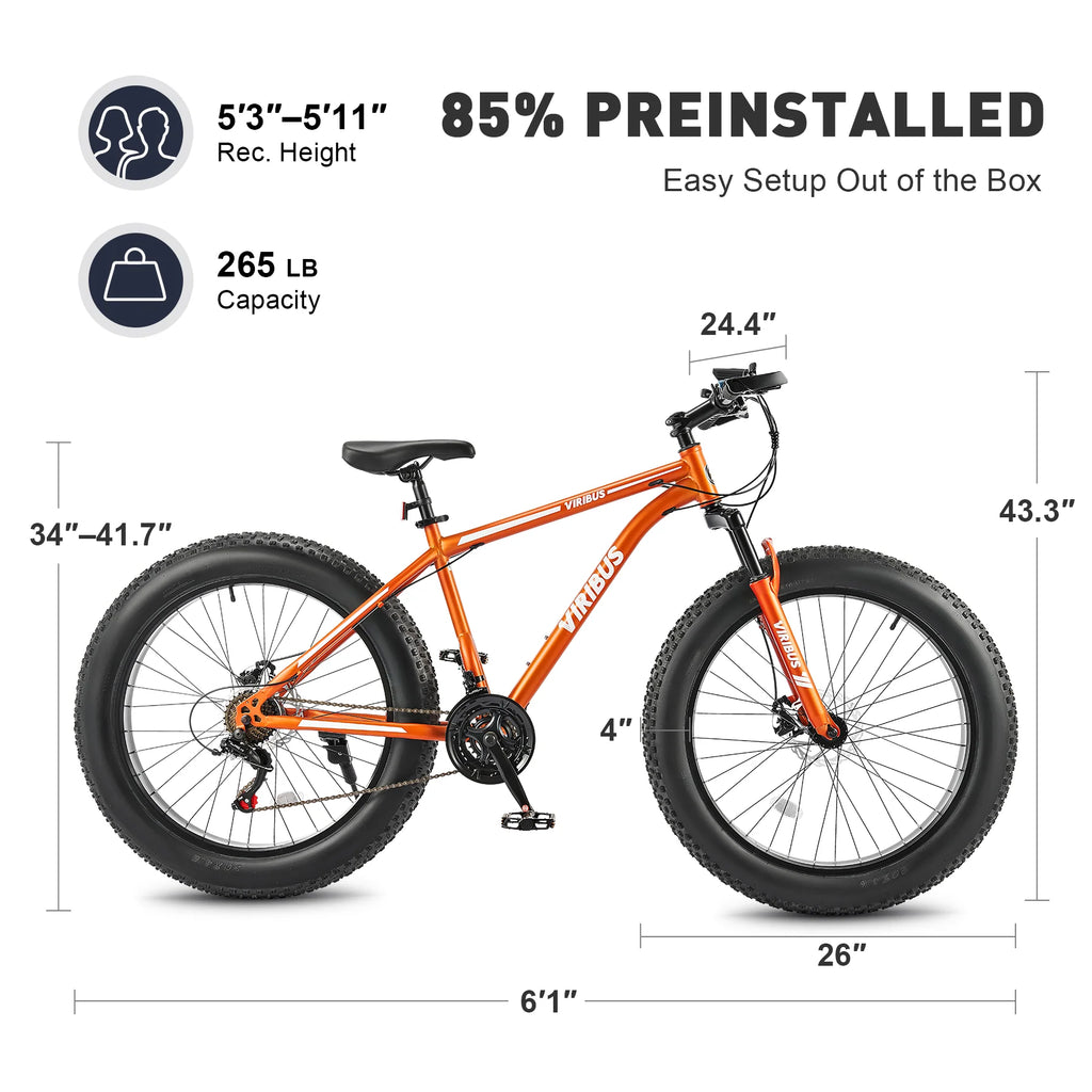 26 Fat Tire Mountain Bike with Front Suspension 21 Speeds Disc Brakes Orange K16950