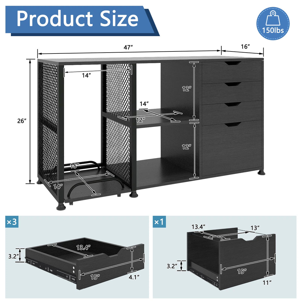 Black 4 Drawer Mobile File Cabinet with 3 Shelves B671