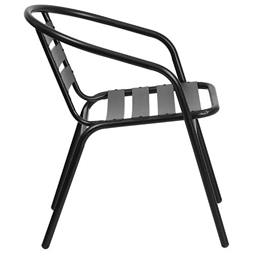 Rectangular Metal Patio Table & Chairs Set with Tempered Glass Top and 4 Black Aluminum Stacking Chairs F18209