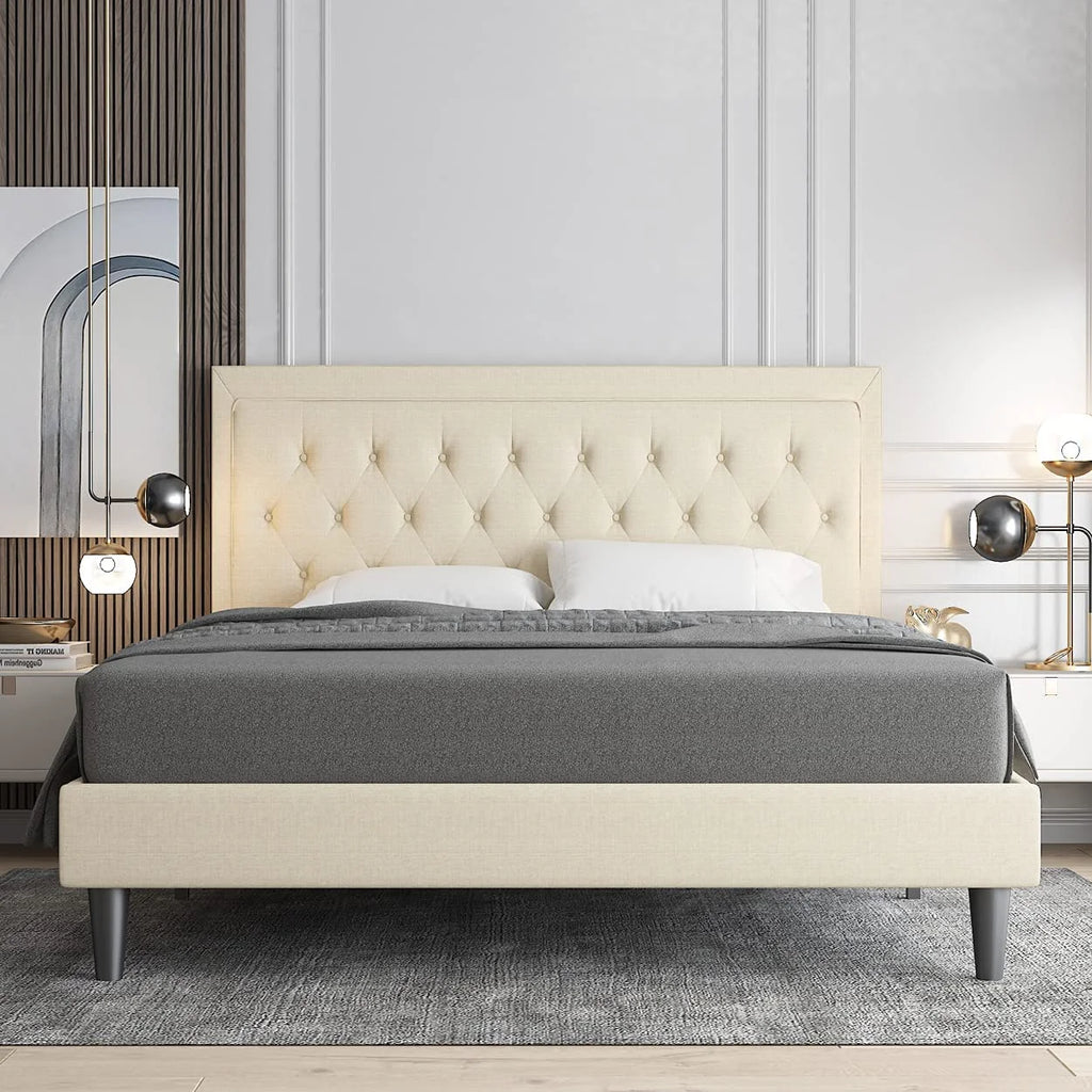 Queen Size Upholstered Platform Bed with Adjustable Headboard A77440