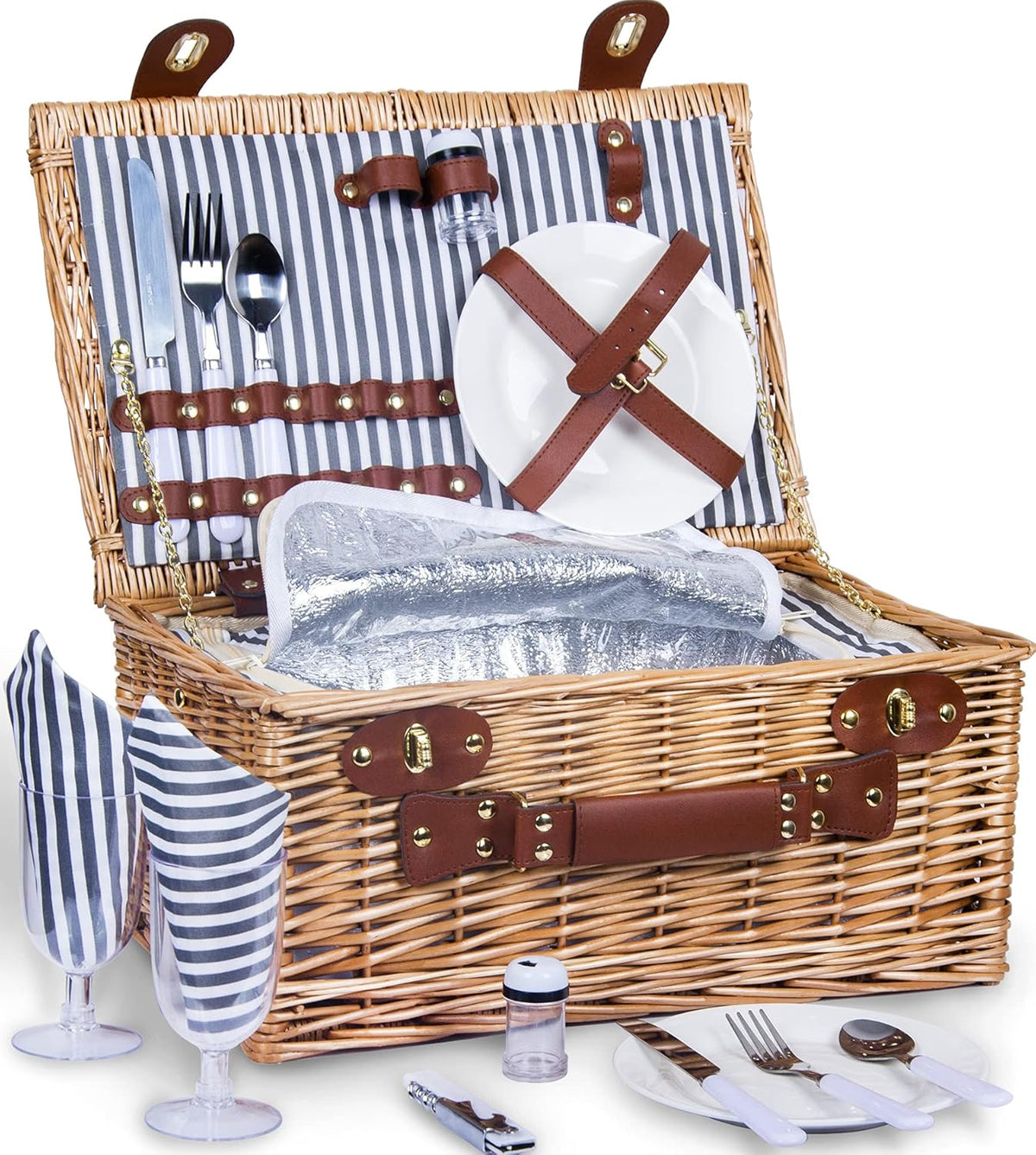 Picnic Basket for 2 with Insulated Liner, Grey Stripes S29157