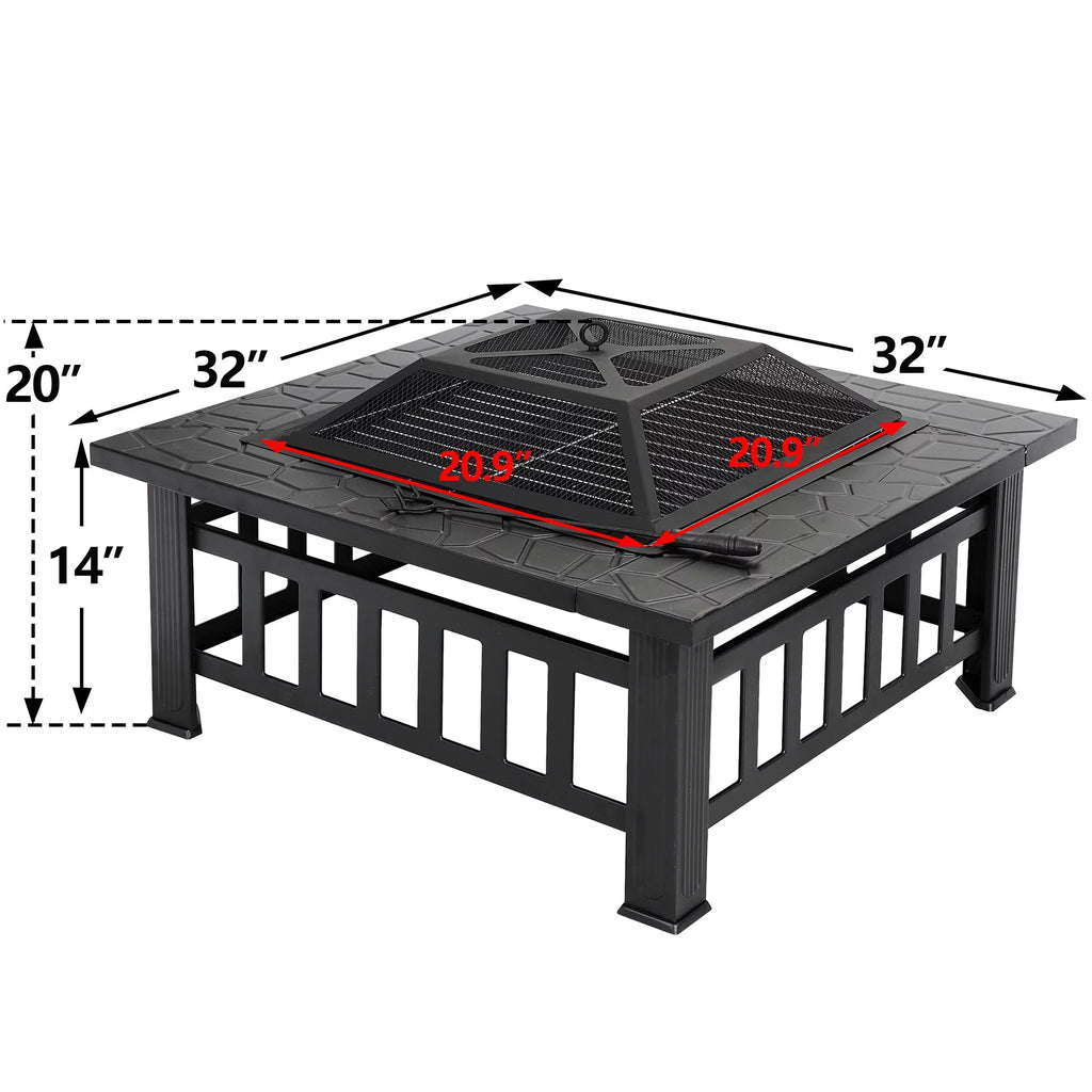 32 Square Wood Black Finish Steel Fire Pit G683431