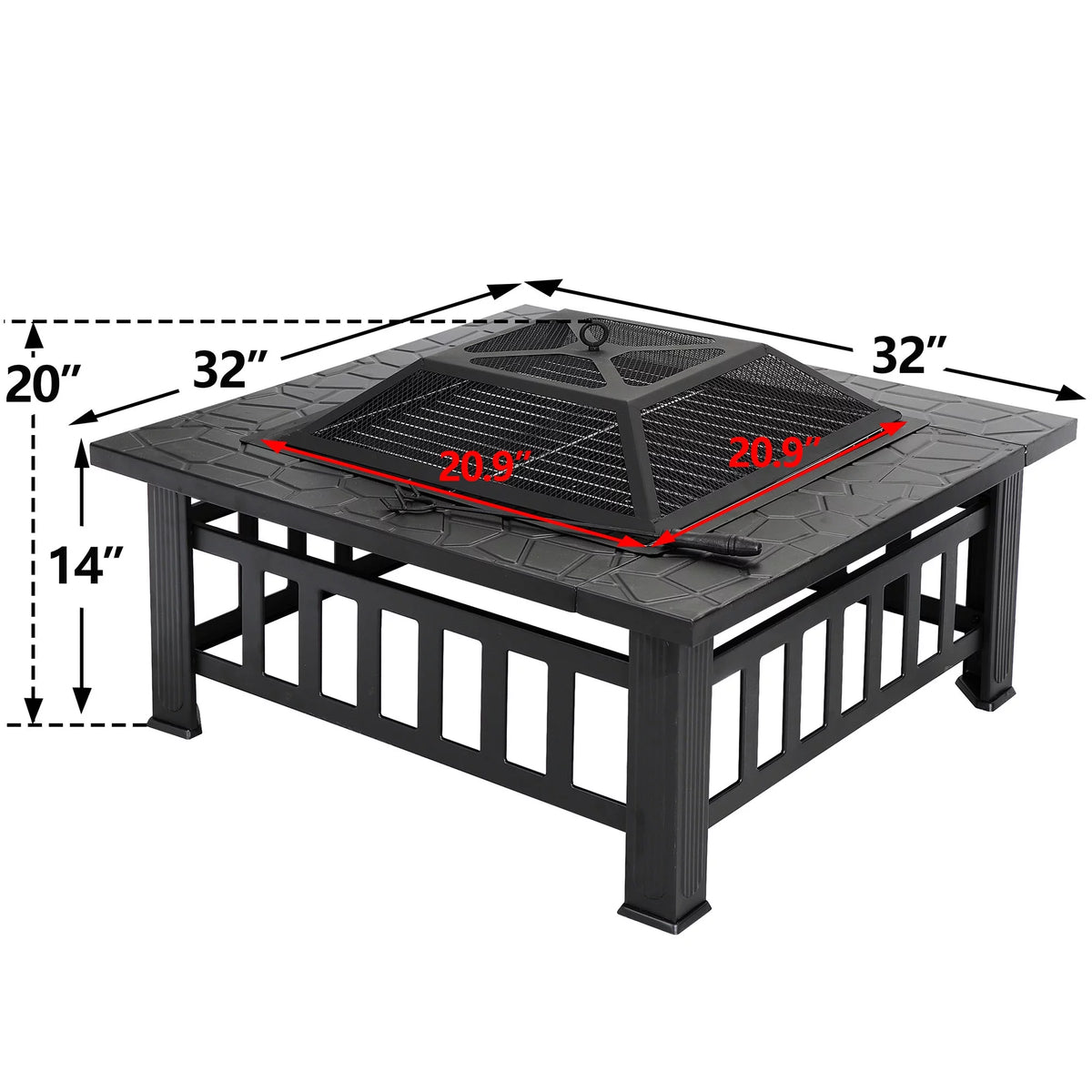 32 Square Wood Black Finish Steel Fire Pit G683431