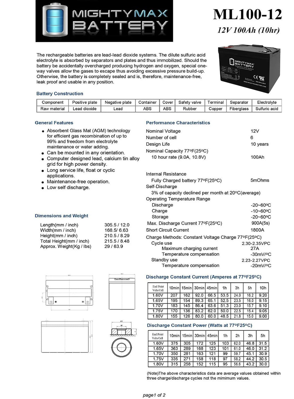 12V 100Ah SLA Battery Y771