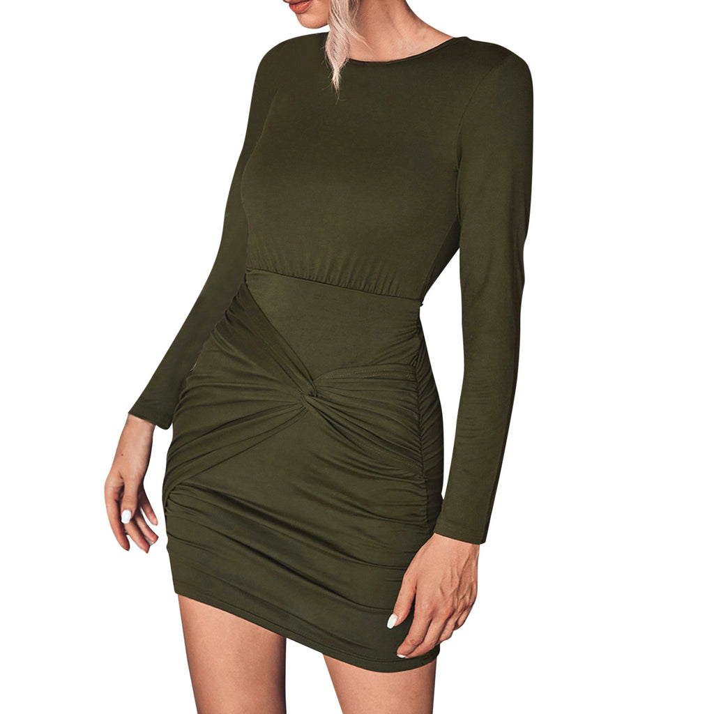Solid Color Crew Neck Midi Dress F395738