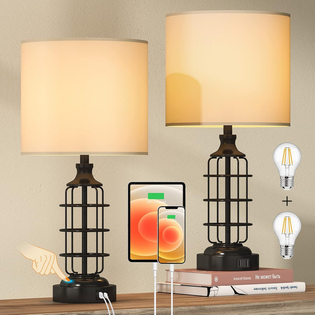 Black Cage Table Lamp Set of 2 with USB Ports and Outlets, 3-Way Dimmable, Bulbs Included O742144