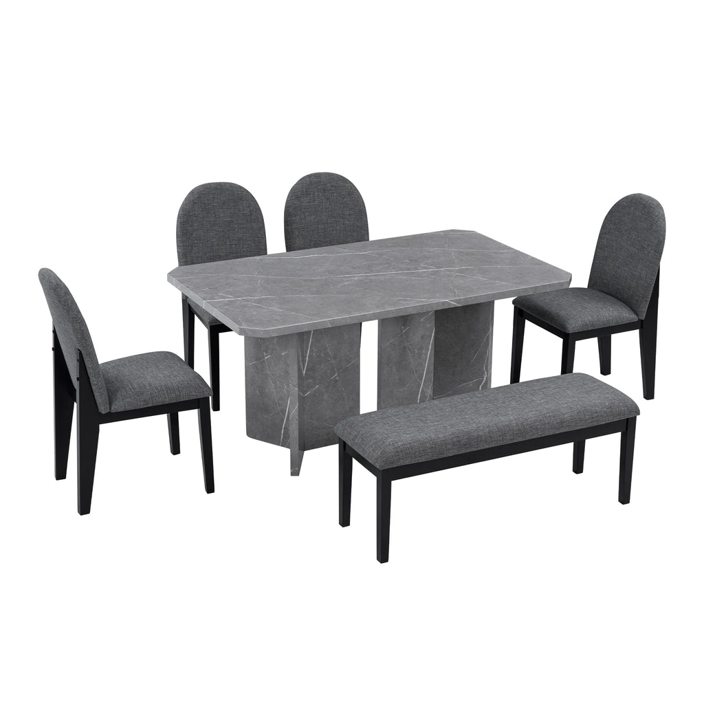 6-Piece Faux Marble Dining Set with 4 Chairs and 1 Bench W983