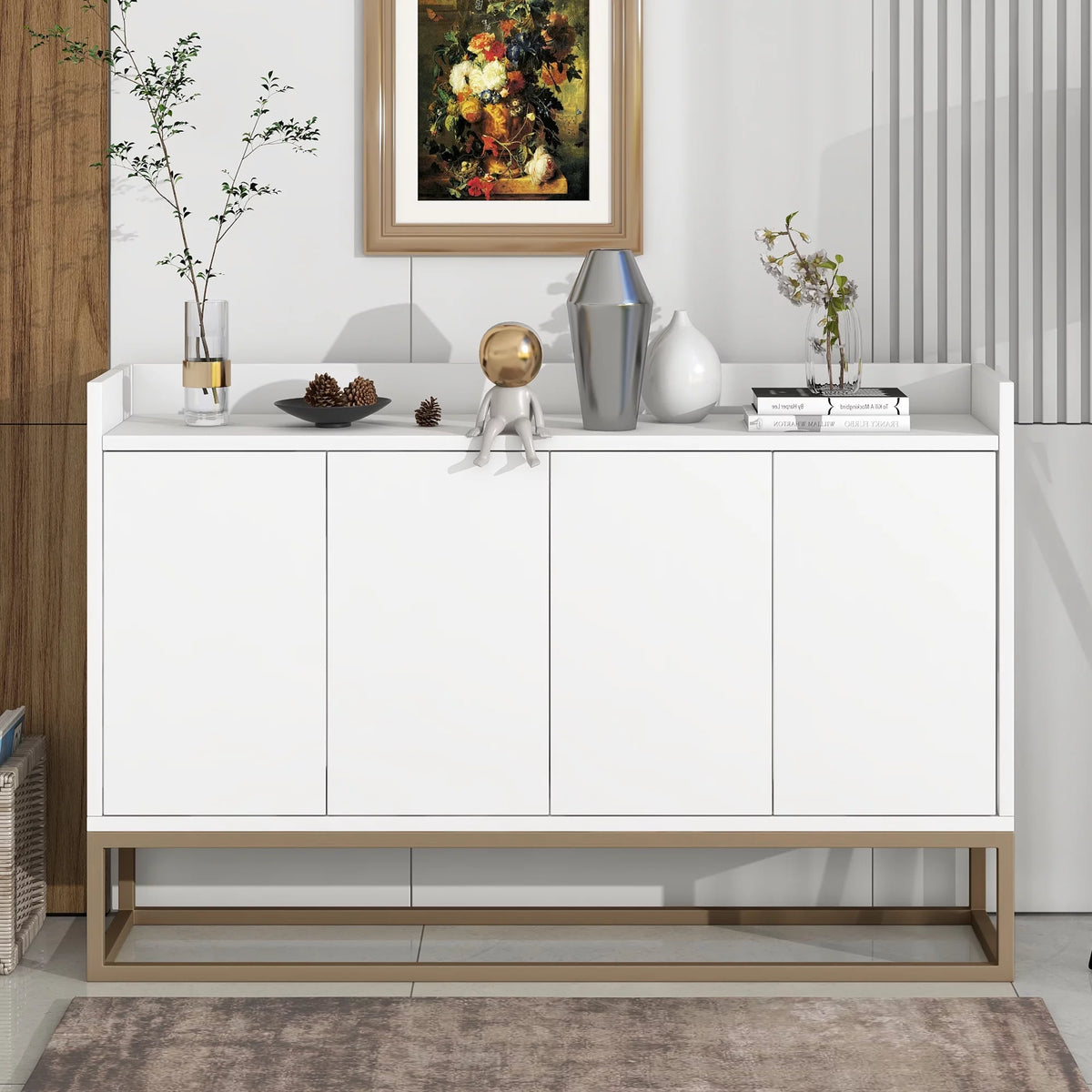 White Wooden Storage Cabinet with Metal Legs and Adjustable Shelves C345