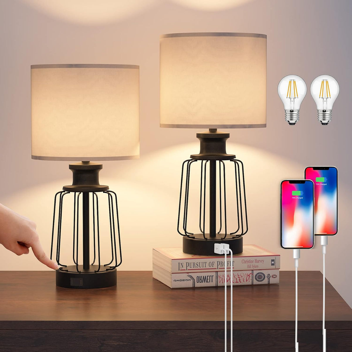 Black Cage Table Lamp Set of 2 with USB Ports and Outlets, 3-Way Dimmable, Bulbs Included O742144