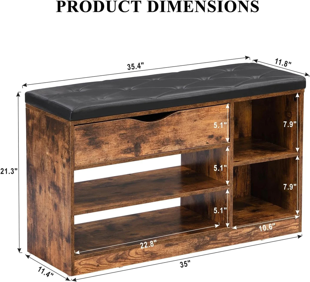 Rustic Brown Shoe Bench with Drawer and Cushion T9647