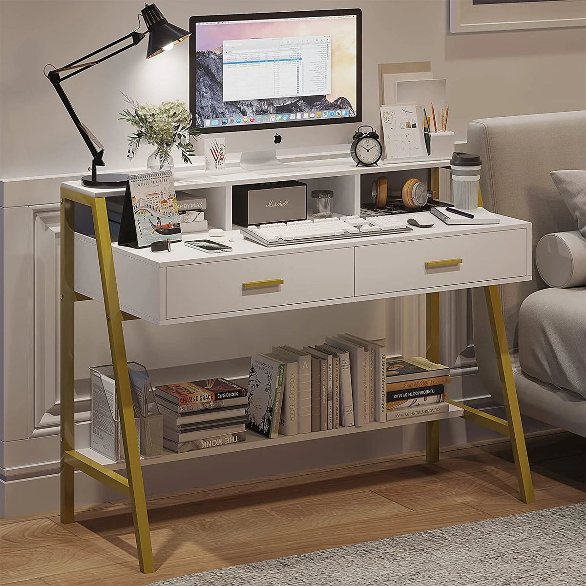 White and Gold Computer Desk with Drawers R232794