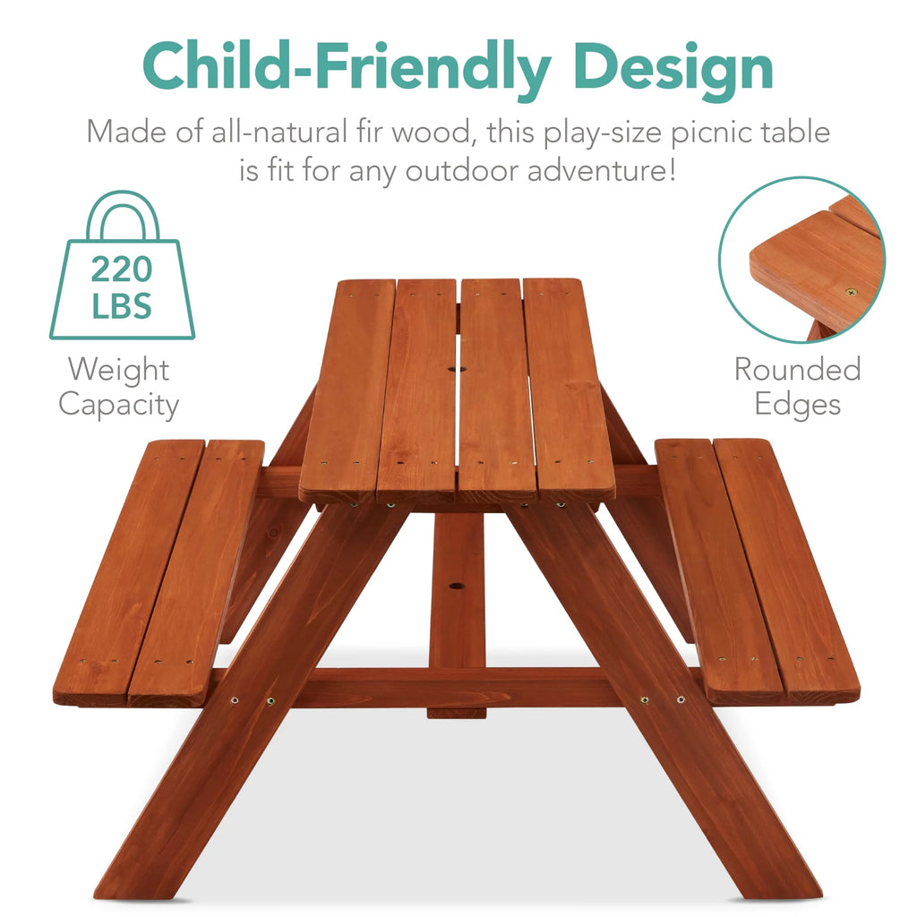 Kids Wooden Picnic Table with Adjustable Umbrella and Built-In Seats E4429